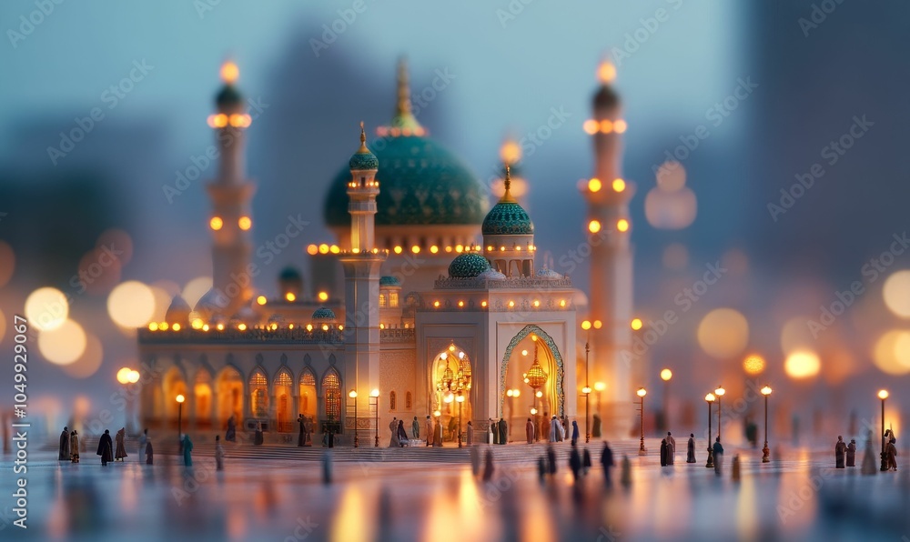 Obraz premium Nighttime mosque miniature with people walking.