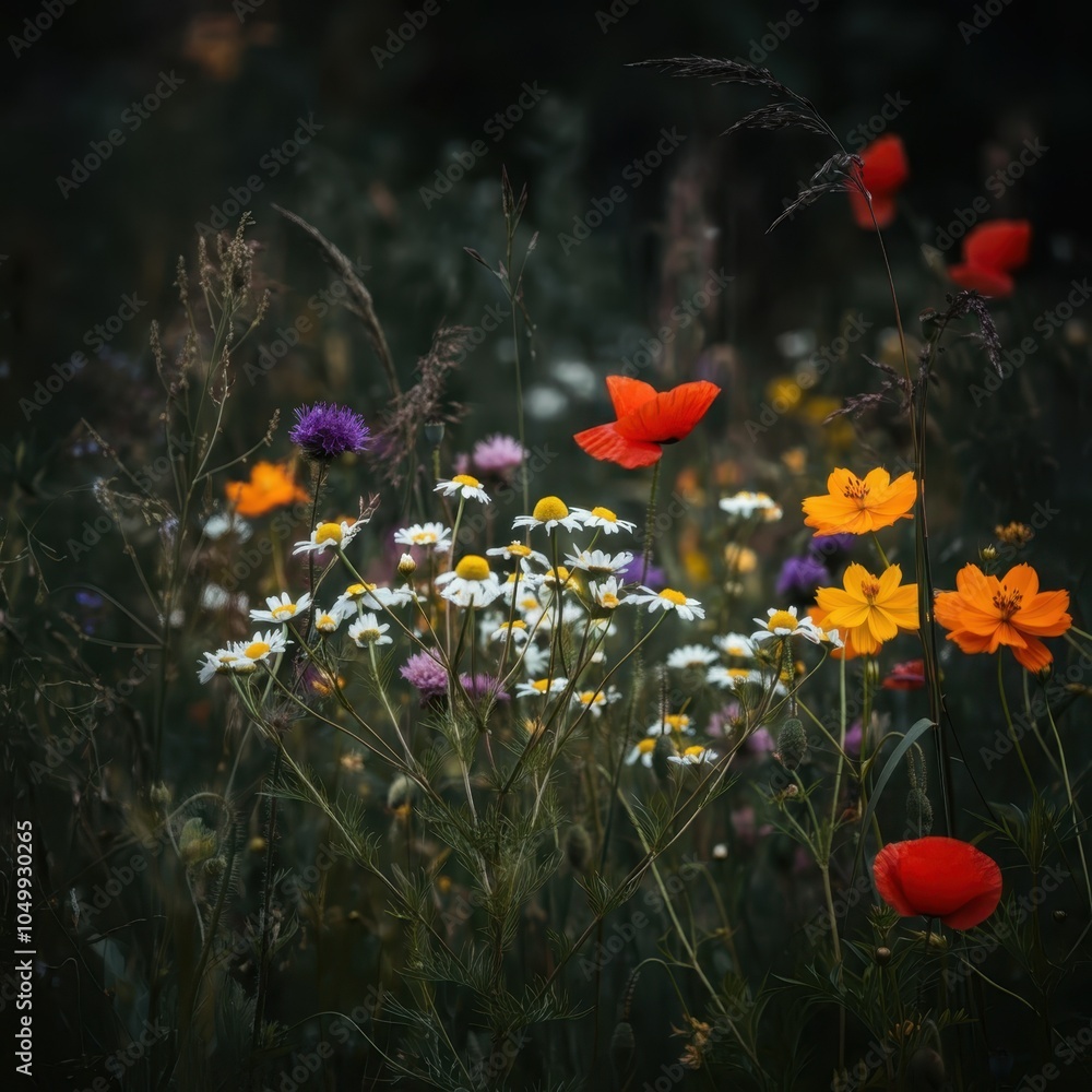 Obraz premium Wildflower meadow, moody dark background, white daisies, red poppies, orange marigolds, soft focus, dreamy atmosphere, vintage film aesthetic, square format, low light photography, botanical diversity