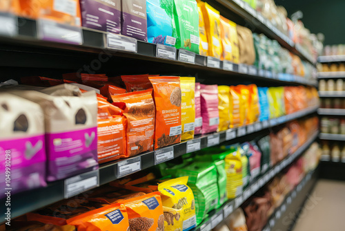Vibrant setting of a pet store shelf stacked with colorful packages of pet food.