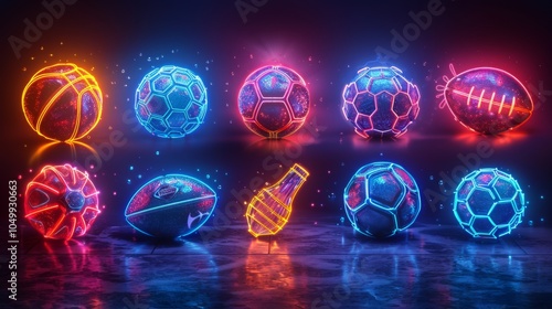Craft a neon collection of sports symbols, featuring glowing basketballs