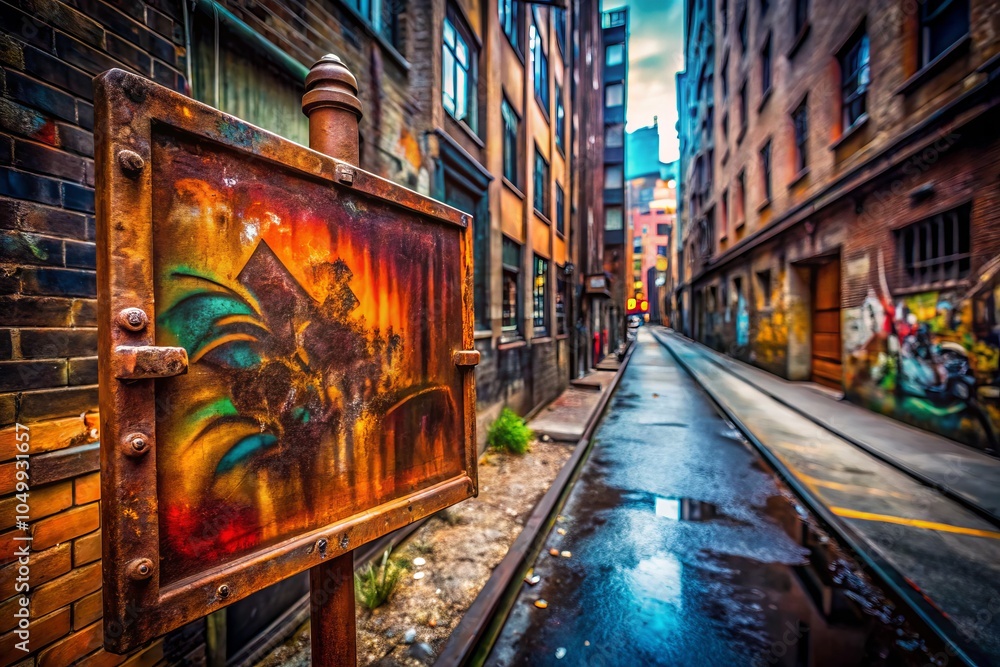Fototapeta premium Urban Decay: Rusted Sign and Vivid Graffiti - Long Exposure Capture of Alleyway Art, Urban Exploration, Street Art, City Life, Graffiti, Urban Landscape, Decay, Creativity