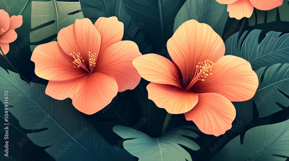 a painting of two orange flowers with green leaves around them a painting of two orange flowers with green leaves around them