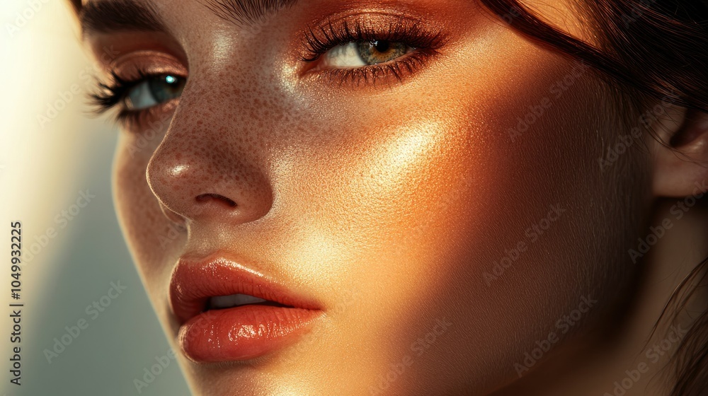 Close-up of a woman's radiant skin with natural highlights Close-up of a woman's radiant skin with natural highlights