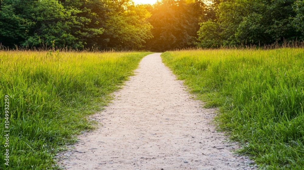 Obraz premium Serene Pathway Through Lush Greenery at Sunset