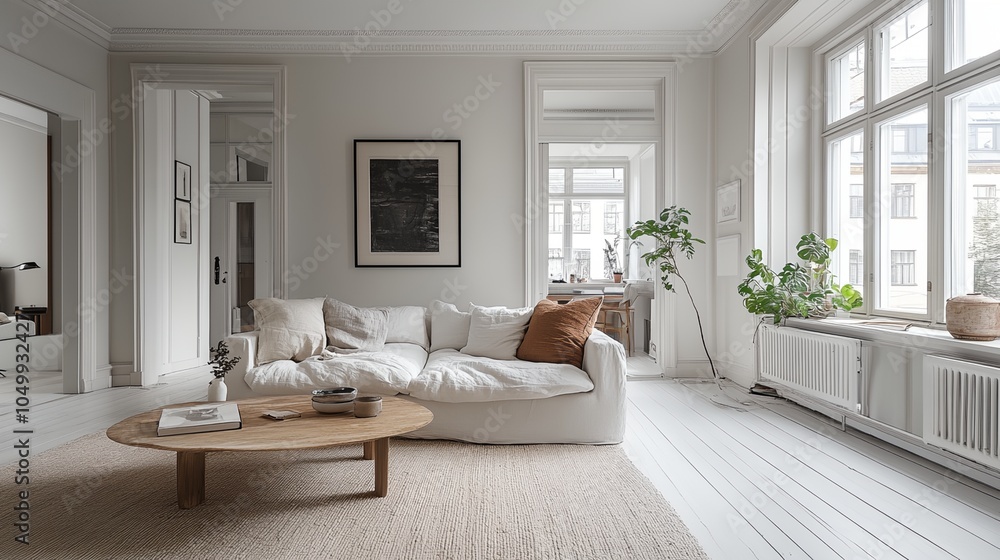 Fototapeta premium a living room with a white couch and a coffee table in front of a window with a potted plant..