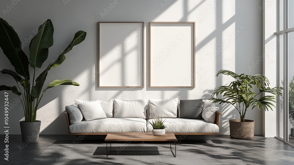 a living room with a couch and two large posters on the wall above it a living room with a couch and two large posters on the wall above it