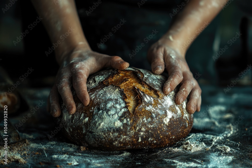 Rustic Bakery: Female Chef Holding Hand-Made Bread Loaf in Organic Kitchen Rustic Bakery: Female Chef Holding Hand-Made Bread Loaf in Organic Kitchen
