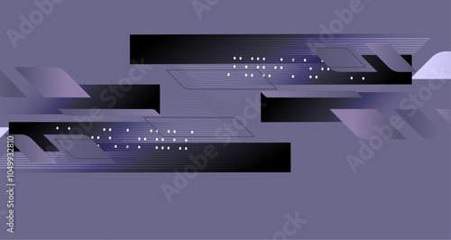 Abstract geometric design featuring sleek lines, deep purples, and twinkling celestial elements