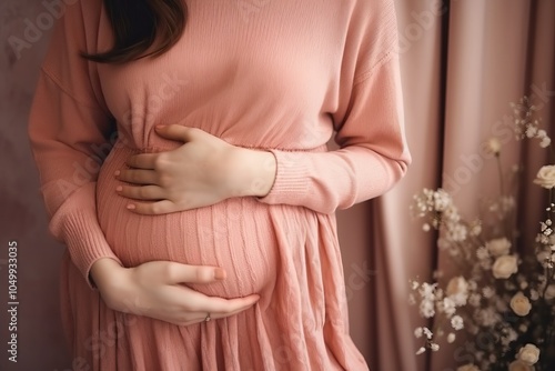 Close up of young woman touching skin folds on her stomach for beauty or healthcare assessment photo