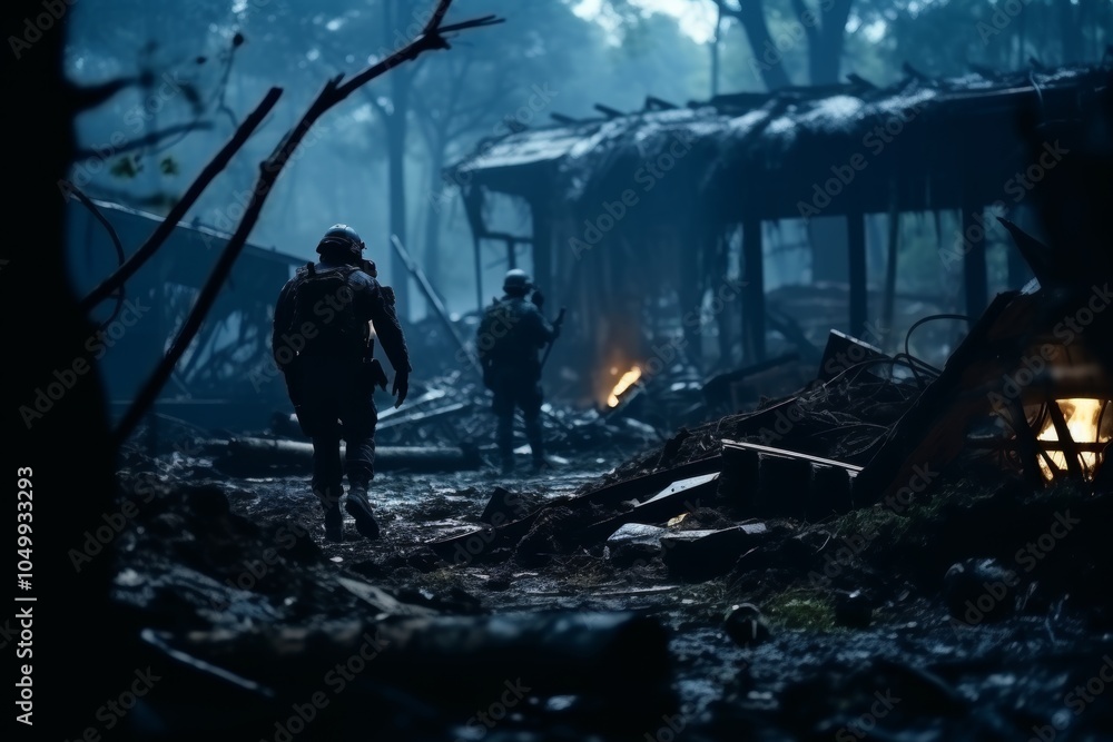 Fototapeta premium Soldier in uniform on smoky battlefield, armed for defense duty in forest warzone