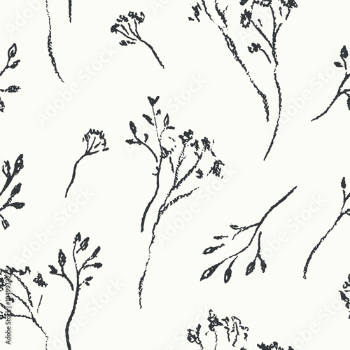 Seamless floral pattern with dry hand drawn plants. Abstract botanical ornament, flower print with textured wild flowers, small buds, thin branches. Black and white two colors vector illustration.