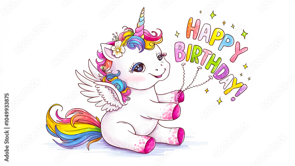 Obraz premium Charming unicorn with colourful sparkling horn, and 'happy birthday' balloons on a white background for children's greeting cards