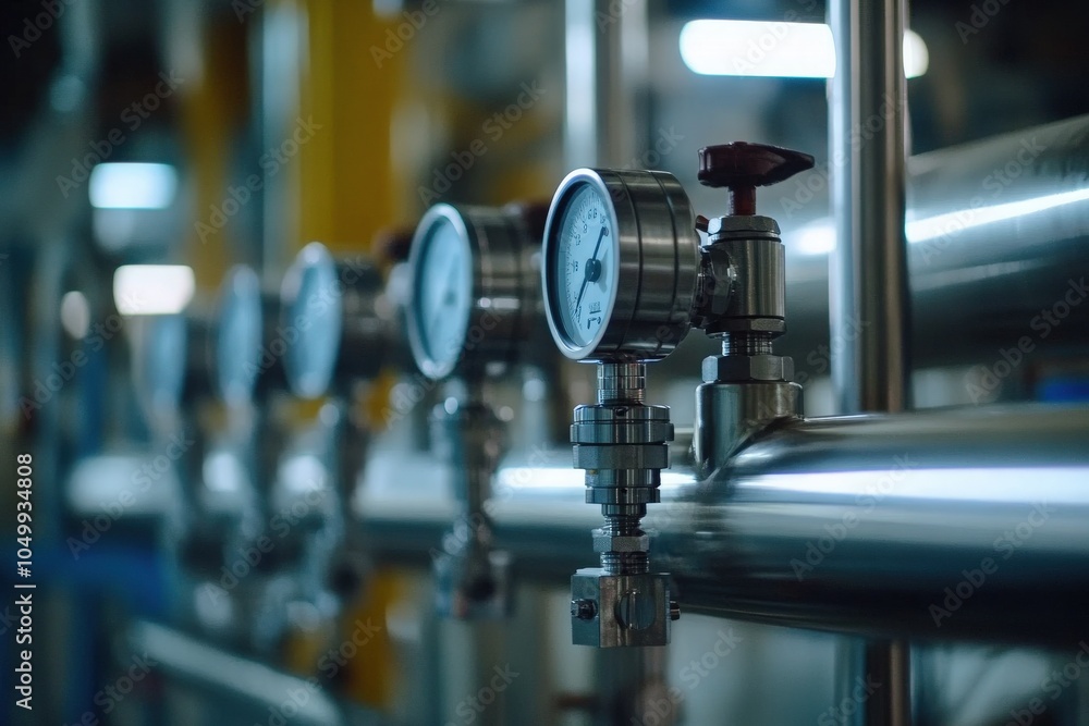 Fototapeta premium Complex arrangement of stainless steel pipes, valves, and gauges inside a well-lit industrial facility, showcasing advanced engineering for efficient operations