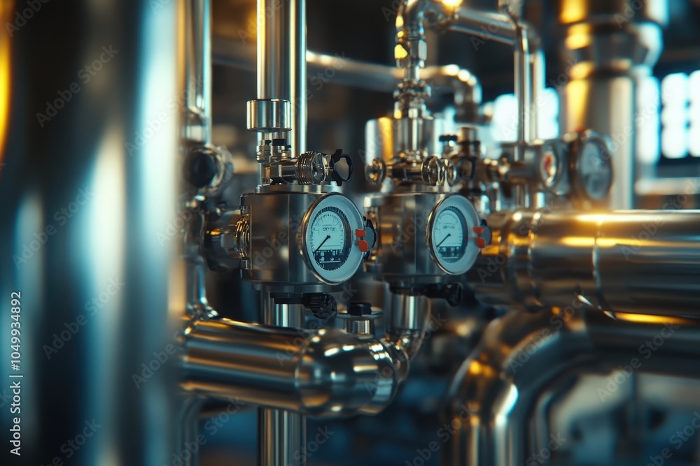 Complex arrangement of stainless steel pipes, valves, and gauges inside a well-lit industrial facility, showcasing advanced engineering for efficient operations Complex arrangement of stainless steel pipes, valves, and gauges inside a well-lit industrial facility, showcasing advanced engineering for efficient operations