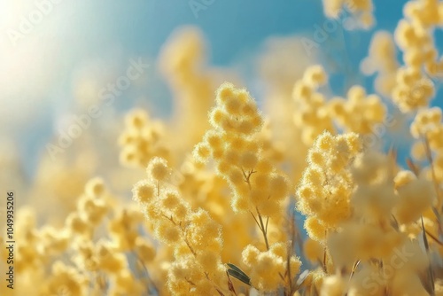 Soft bloom of mimosa flowers in pastel hues during golden hour by a serene meadow photo