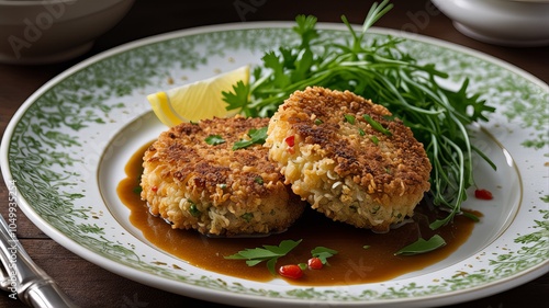 Golden, crispy potato cakes garnished with fresh herbs, served on a decorative plate with tea. photo