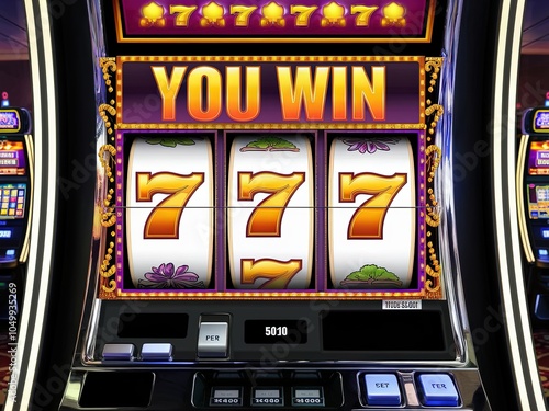 Winning moment on a colorful slot machine with three sevens at a busy casino.