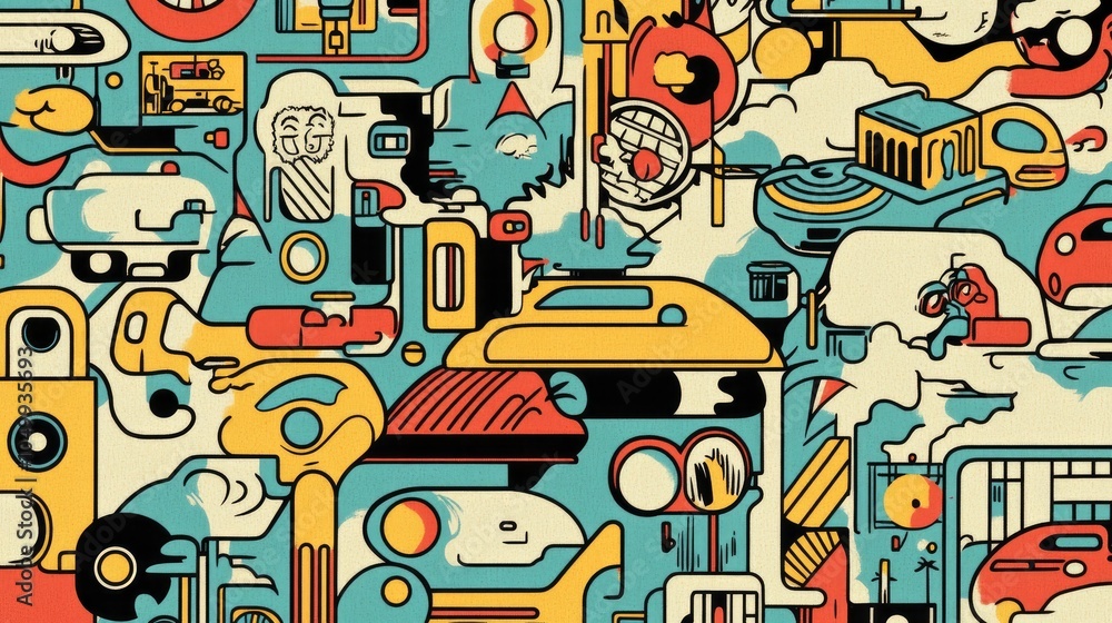 Obraz premium Abstract retro pattern with a mix of yellow, blue, red and black, with a vintage feel.
