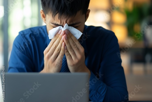 man in an office setting, sitting at his desk and blowing his nose into several tissue papers, the concept of seasonal illnesses, cold relief and treatment photo