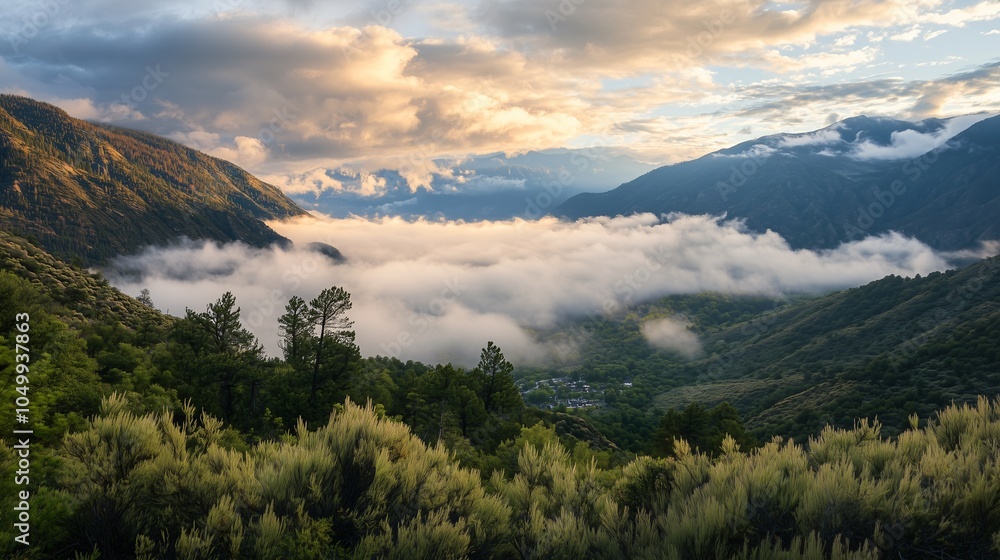 A serene landscape featuring a misty  surrounded by mountains, with a beautiful sunrise illuminating the fog and trees in the foreground