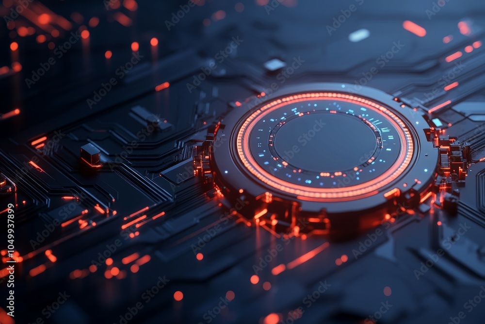 A stylized image featuring a circular piece on a circuit board illuminated by red LED lights, representing modern electronics and technological innovation. A stylized image featuring a circular piece on a circuit board illuminated by red LED lights, representing modern electronics and technological innovation.