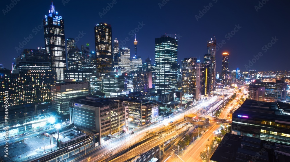 Illuminated Modern Cityscape of Financial District at Night with Vibrant Streets - Ultra-Detailed Urban Landscape Illuminated Modern Cityscape of Financial District at Night with Vibrant Streets - Ultra-Detailed Urban Landscape