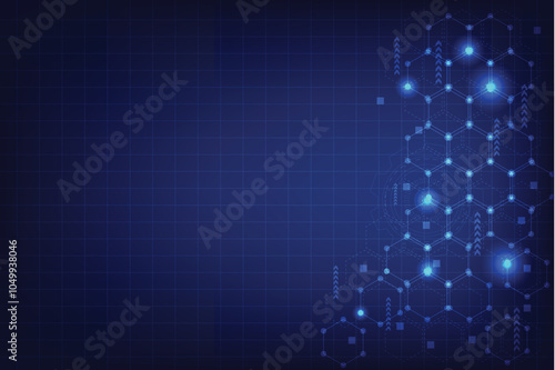 Dark and light blue color background. Technology template for design and edit. Line of hexagon shape and gear with particles element.