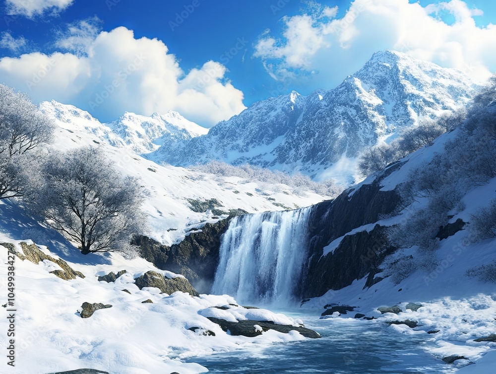 Obraz premium Majestic winter waterfall in a snowy mountain landscape