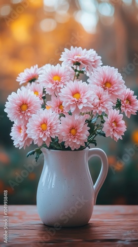 Wallpaper Mural Fresh pink flowers arranged in a white pitcher on a wooden table in a garden setting during sunset Torontodigital.ca