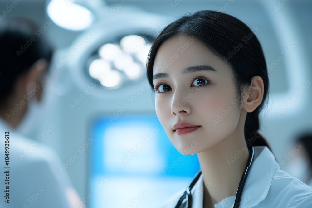 Fototapeta premium A female doctor with a stethoscope gazes confidently, standing in a clinical setting with a surgical light in the background, portraying professionalism and dedication.