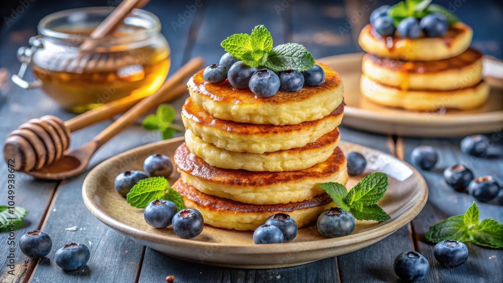 A Stack of Buttery Pancakes Topped with Fresh Blueberries and Mint on a Rustic Wooden Table A Stack of Buttery Pancakes Topped with Fresh Blueberries and Mint on a Rustic Wooden Table