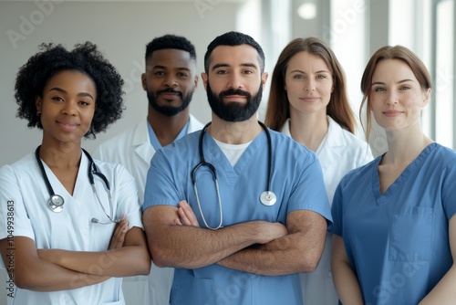 A diverse group of healthcare professionals, both male and female, stands confidently in a hospital hallway, representing unity, competence, and teamwork in medicine.