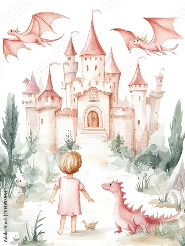 Watercolor illustration of a girl and dragon in front of a fairytale castle.