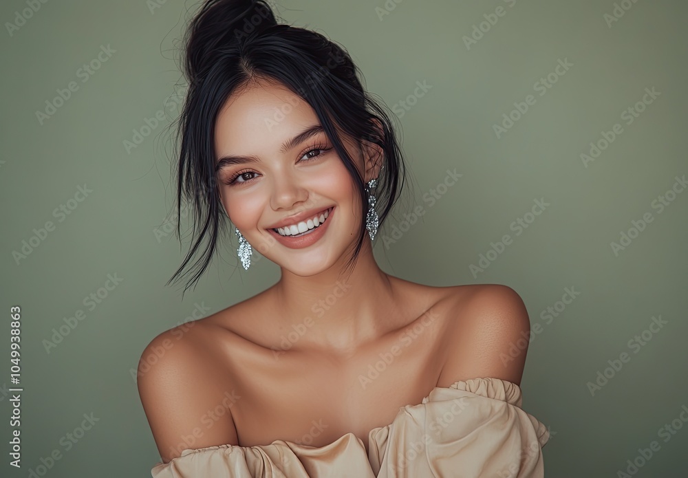 an attractive young woman with black hair, wearing a beige off-the-shoulder sweater and smiling slightly while looking to the side against a brown background. an attractive young woman with black hair, wearing a beige off-the-shoulder sweater and smiling slightly while looking to the side against a brown background.