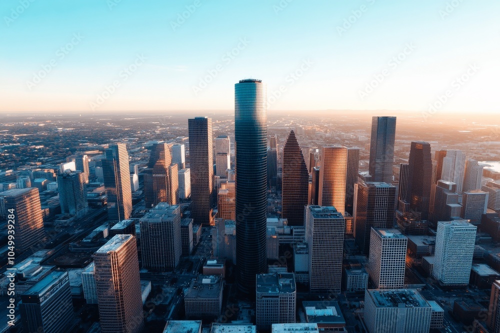 Obraz premium A breathtaking cityscape captures the modern skyline at sunset, showcasing tall buildings with a stunning view of skyscrapers against the pastel evening sky.