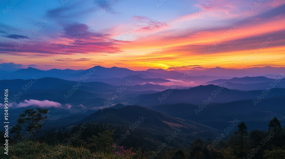 Obraz premium A beautiful sunset view from Phu Ruea, with the sky painted in shades of orange and pink