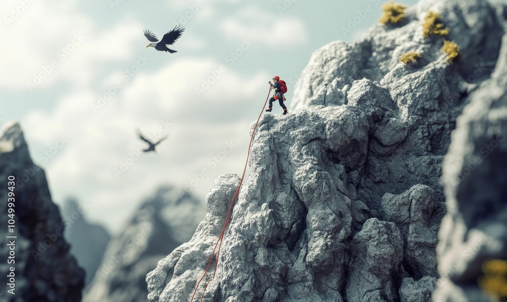 Fototapeta premium Climber ascends rocky mountain peak with rope.