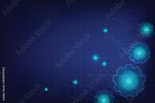 Dark and light blue color background. Technology template for design and edit. Line of hexagon shape and gear with particles element and network conection.