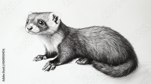 Craft a detailed and lifelike ferret in a worms-eye view using graphite pencils, focusing on its graceful posture and sharp eyes in a classic pencil drawing photo