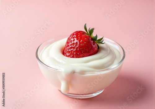 strawberry close-up in a glass saucer yogurt sour cream