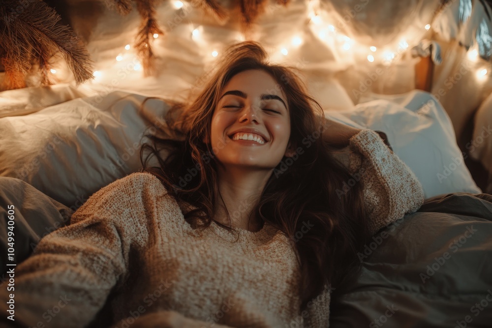 Young Woman Waking Up with Happiness in Cozy Bedroom at Home. Beautiful Girl Smiling and Relaxing in Bed after Waking Up 