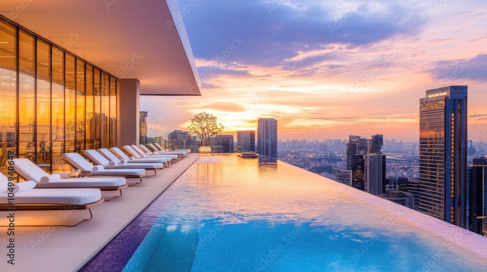 Fototapeta premium Chic Luxurious Hotel Pool Area at Sunset
