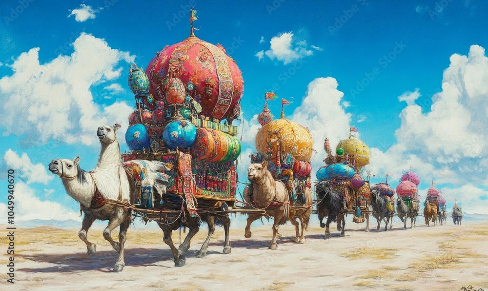 Naklejka premium Camel caravan carrying colorful domes through desert.