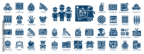 preschool kids glyph icon set, learning playing in classroom environment