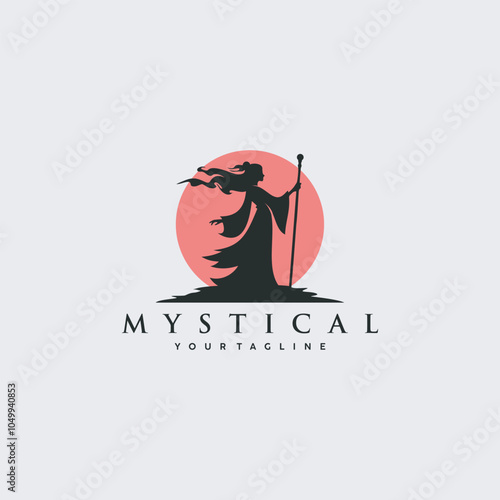 silhouette of long haired mystical woman standing on rock cliff holding stick with red moon background vector illustration design
