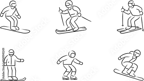 Winter sports icon vector illustration collection in a line outline style. Ski, winter sports and snow Handdrawn Doodle icons.
