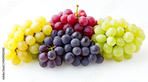 Sweet red seedless grapes, golden Shine Muscat grapes, crisp red grapes, and juicy green grapes on a white background.