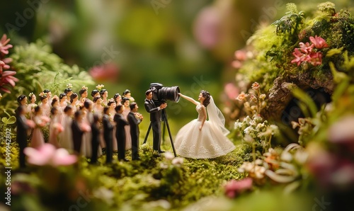 Miniature wedding ceremony in a mossy forest.