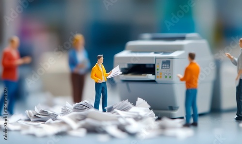 Miniature people around a printer with paper.