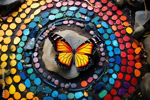 Tranquil zen garden  butterfly alights on stone, symbolizing balance and natural beauty photo